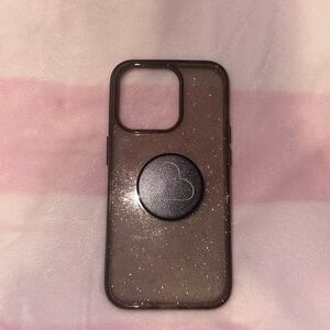 NWT iPhone 14 Pro Black Clear Glitter Case w/‎ Heart Popsocket